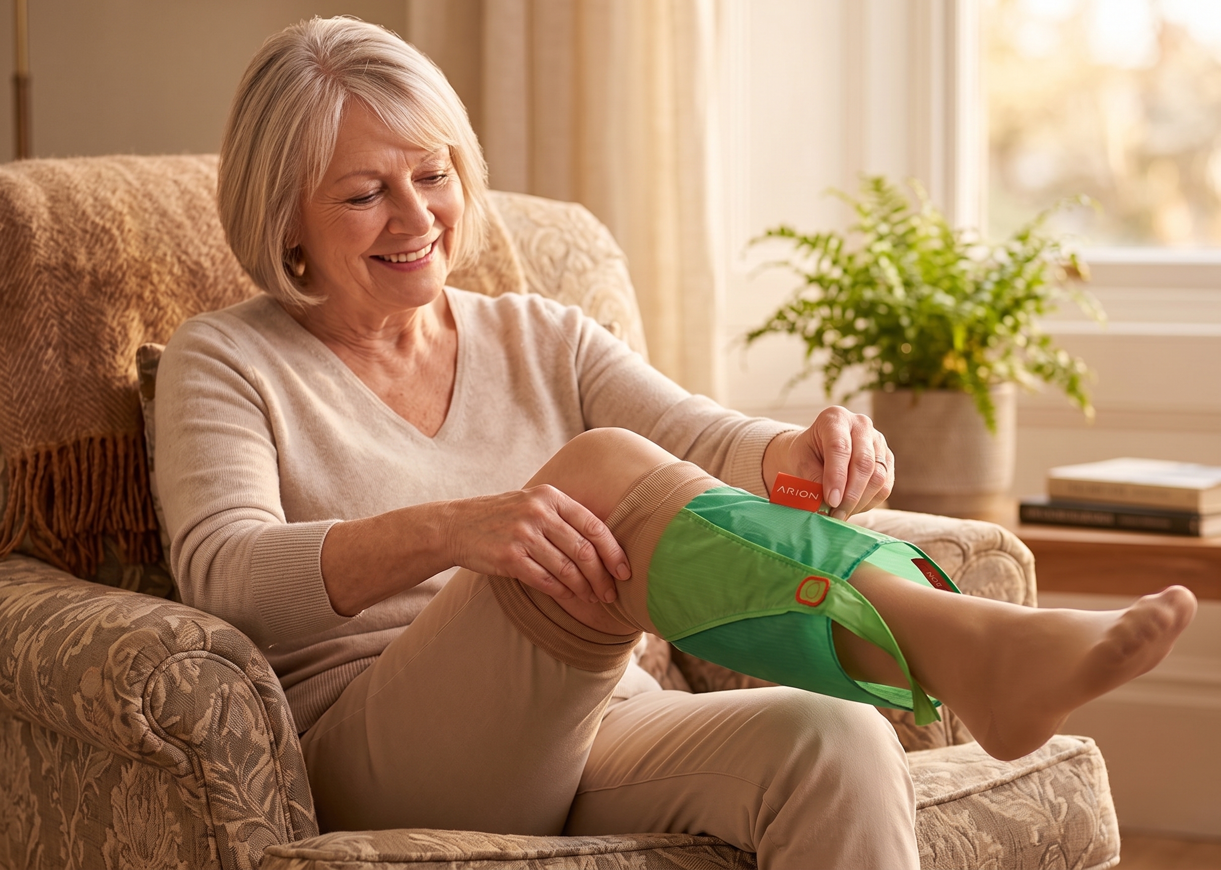 An older woman sits comfortably in a warm, well-lit living room. She is smiling and looks completely relaxed as she uses a bright green Arion application aid to easily glide a beige compression stocking onto her leg